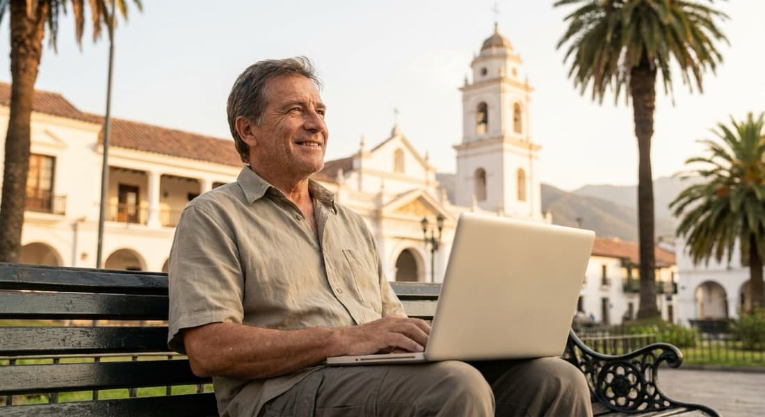 Una persona con su computadora en una plaza, revisando lo que entró al banco
