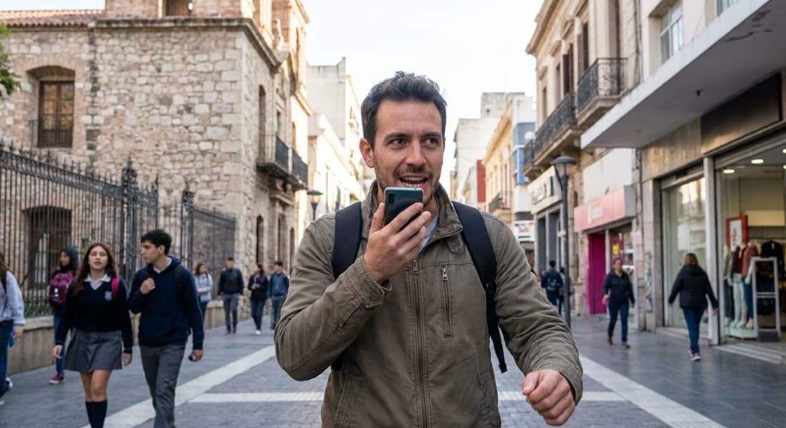 Una persona facturando desde el teléfono, caminando por el centro